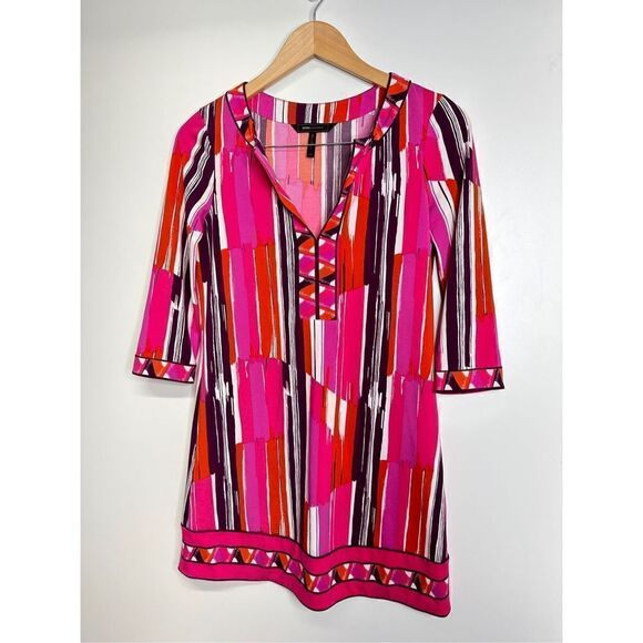 BcbgMaxAzria Dress Womens Size XXS Psychedelic Mod Shift 3/4‎ Sleeve Multicolor - Picture 3 of 6